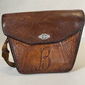Vintage Tooled Leather Crossbody Bag Brown Boho Floral Embossed Flap Turn Lock